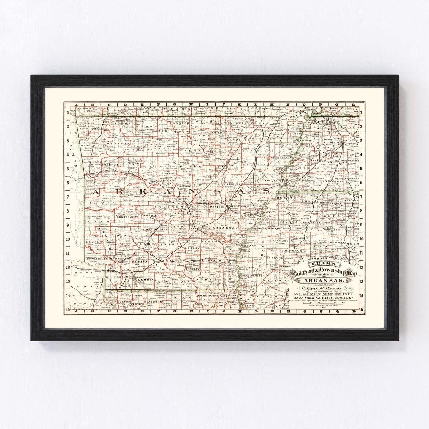 Vintage railroad map of Arkansas, 1882, digitally restored