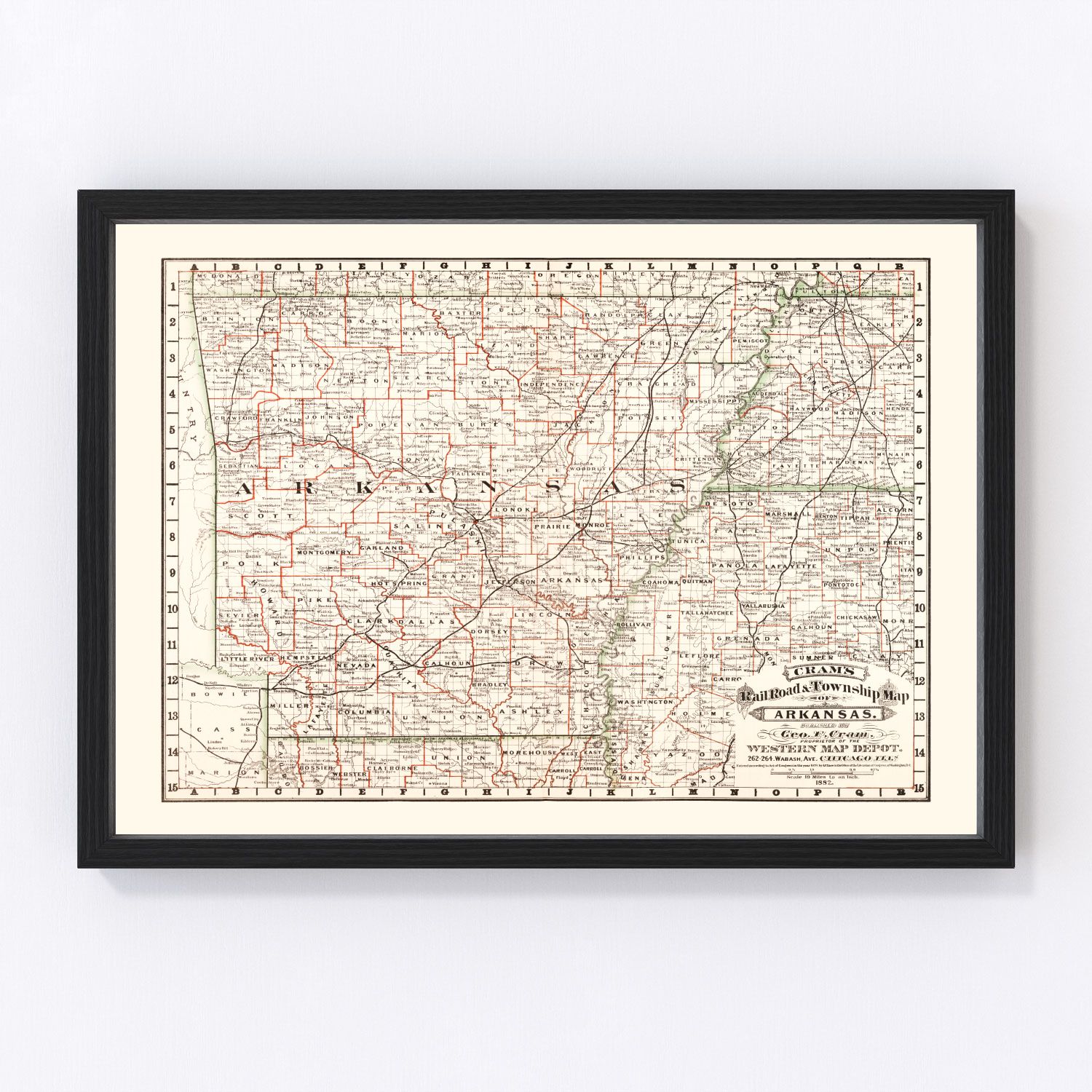 Vintage railroad map of Arkansas, 1882, digitally restored