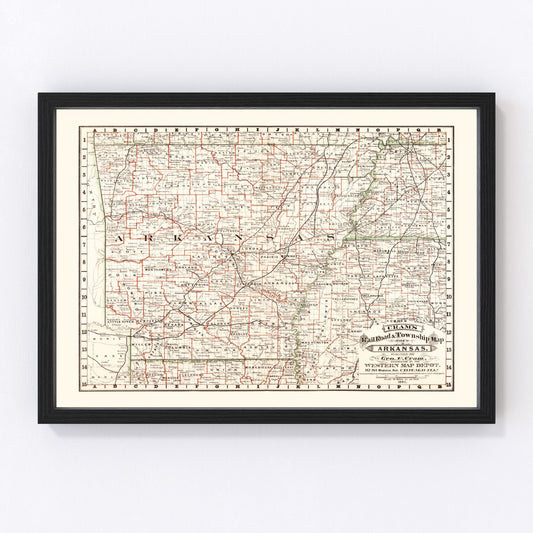 Vintage railroad map of Arkansas, 1882, digitally restored