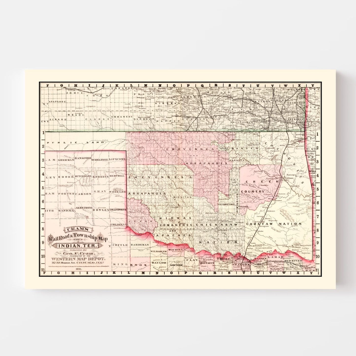 Vintage Railroad Map of Oklahoma, 1882