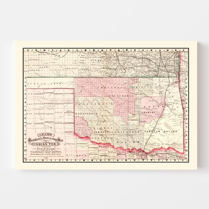 Vintage Railroad Map of Oklahoma, 1882