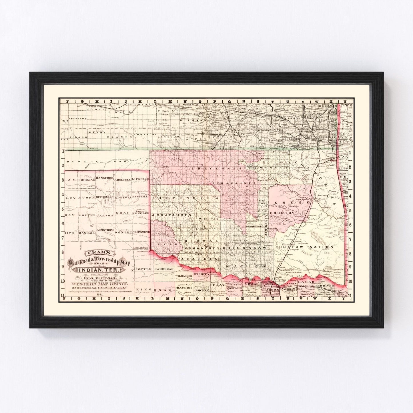 vintage railroad map of Oklahoma, 1882