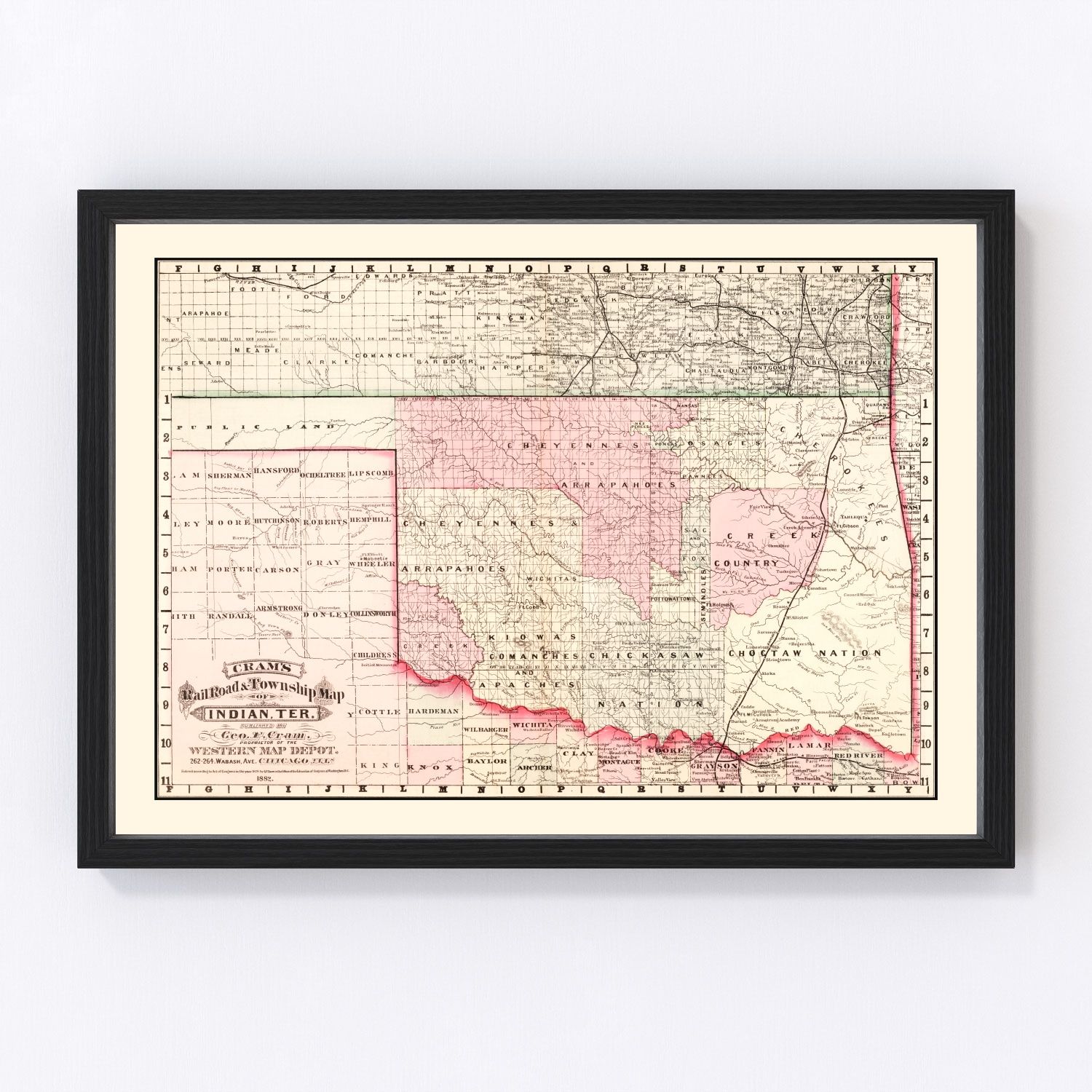 vintage railroad map of Oklahoma, 1882
