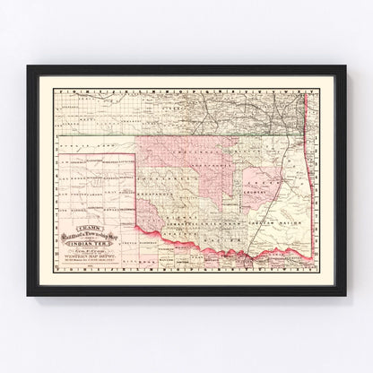 vintage railroad map of Oklahoma, 1882