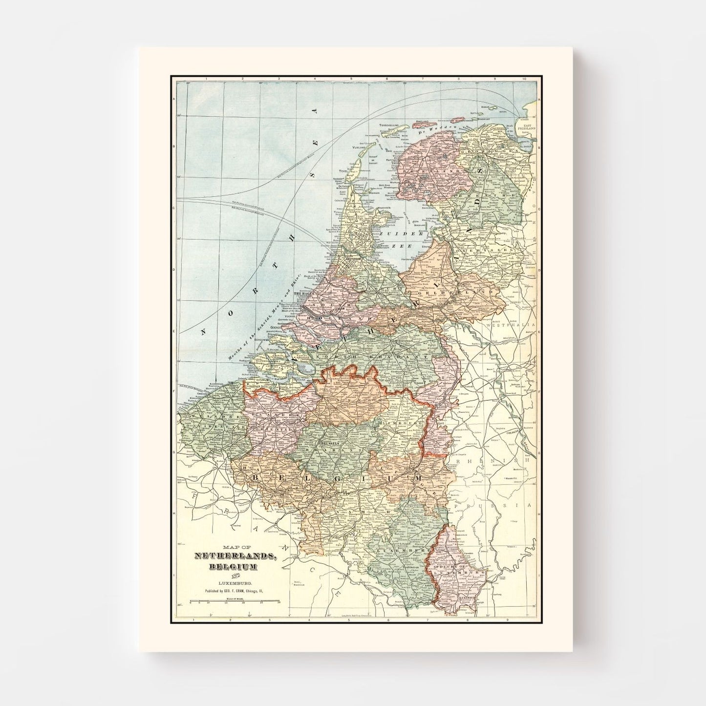 Vintage Map of Netherlands, Belgium & Luxembourg, 1901