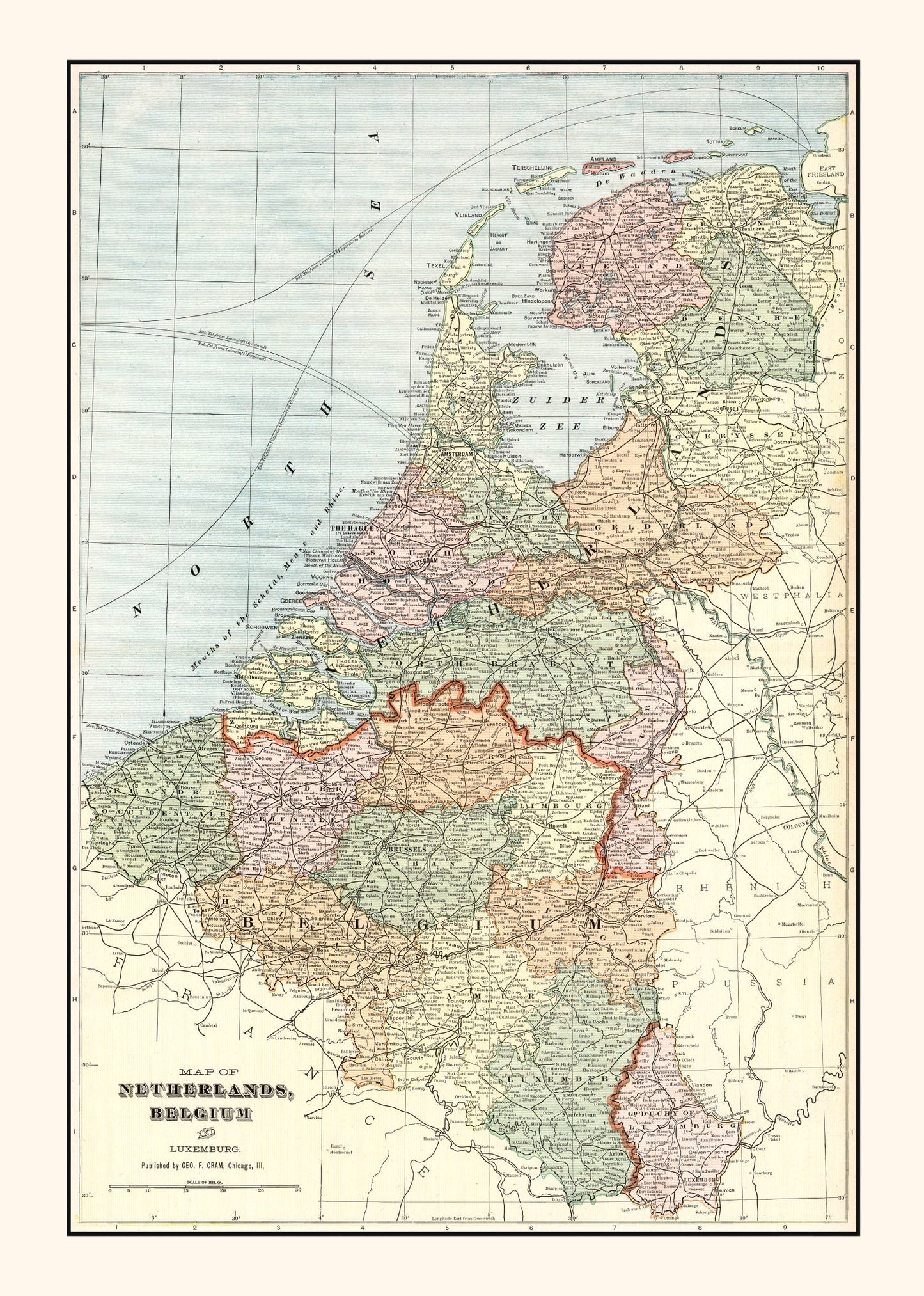 Vintage Map of Netherlands, Belgium & Luxembourg, 1901