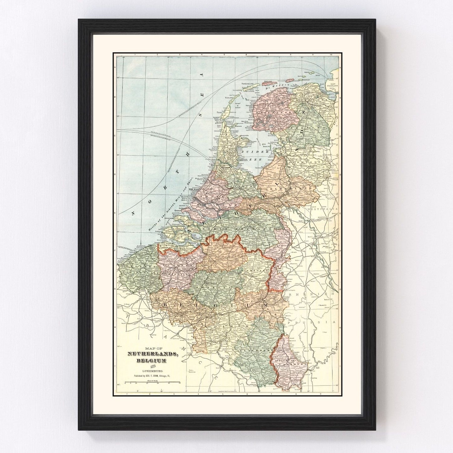 Vintage map of the Netherlands, Belgium, and Luxembourg, 1901