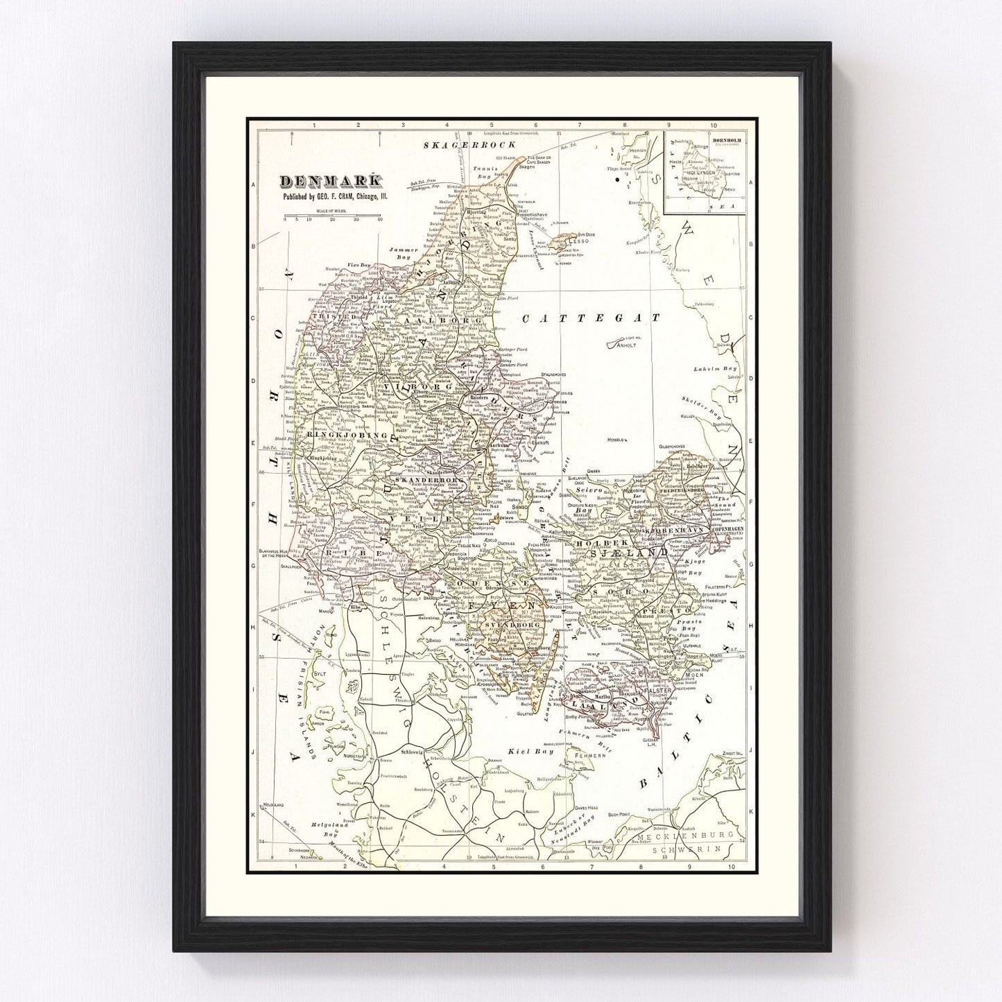 vintage map of Denmark, 1901