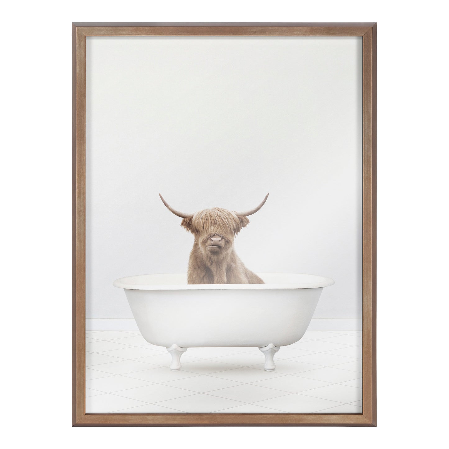 Highland Cow Solo Bathtub Framed Glass Wall Art