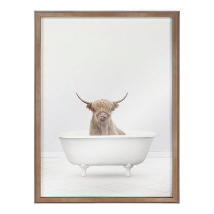 Highland Cow Solo Bathtub Framed Glass Wall Art