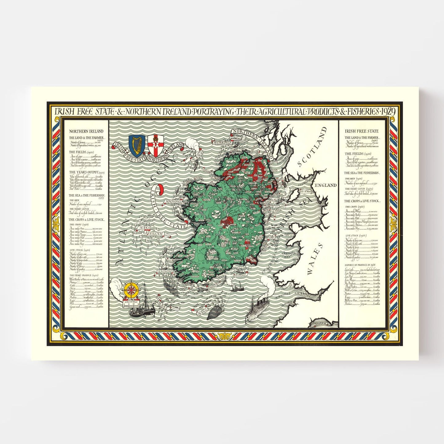 Vintage Agriculture and Fisheries Map of Ireland, 1929