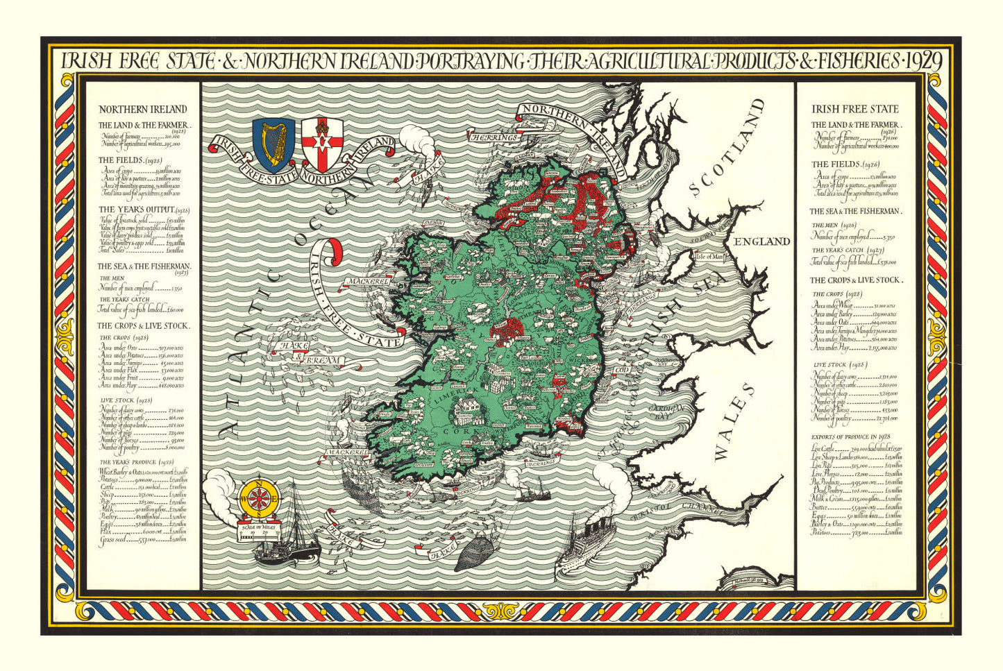 Vintage Agriculture and Fisheries Map of Ireland, 1929