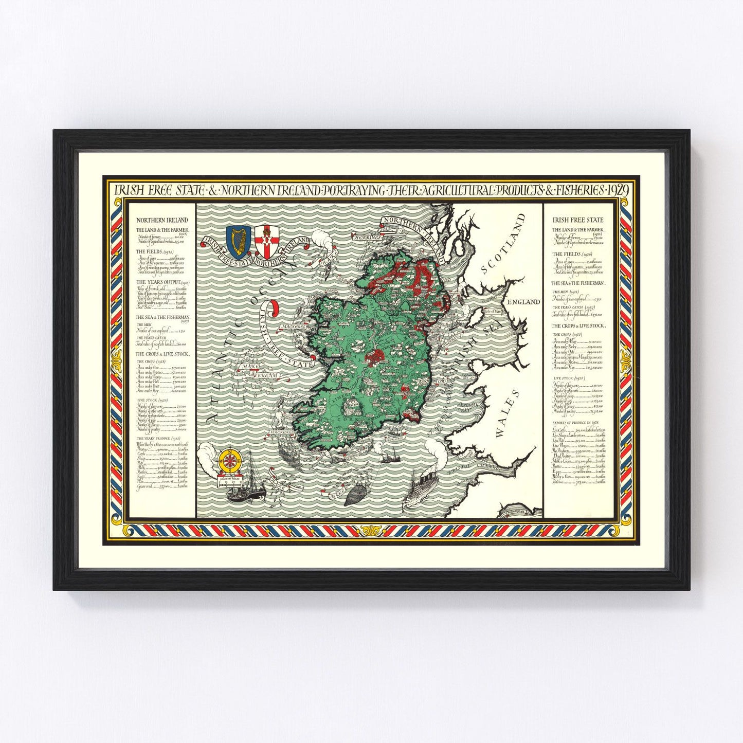 Vintage map of Ireland agriculture and fisheries regions, 1929