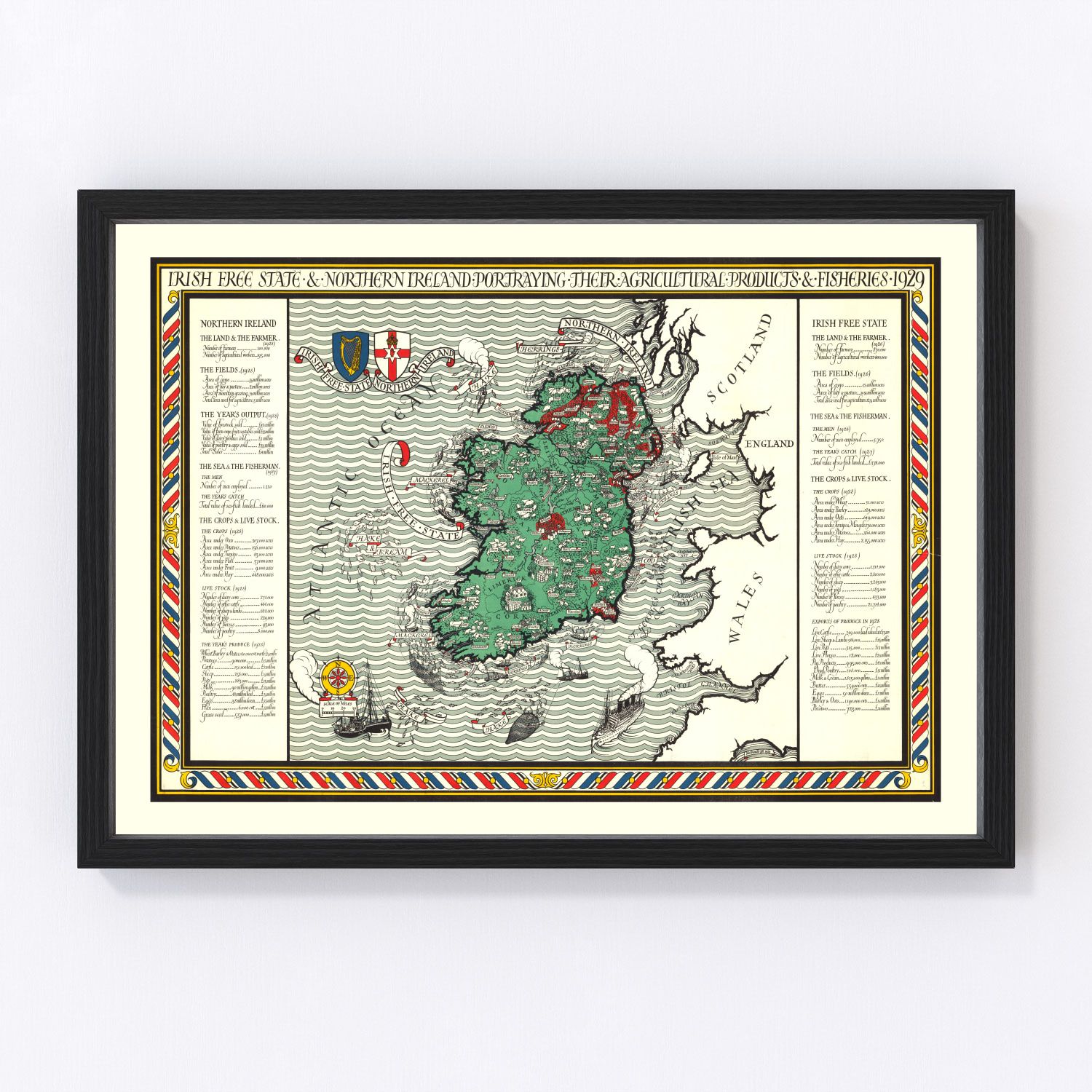 Vintage map of Ireland agriculture and fisheries regions, 1929