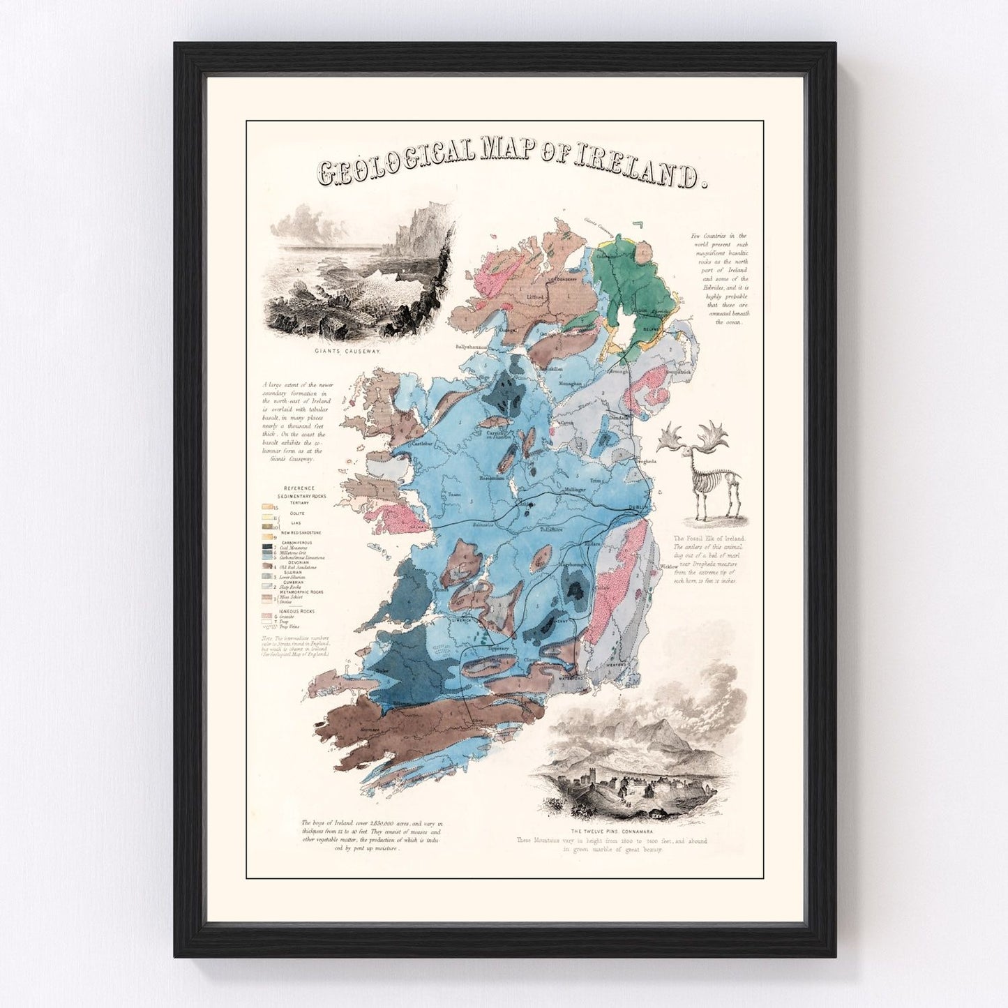 Vintage geological map of Ireland showing rock formations, 1850