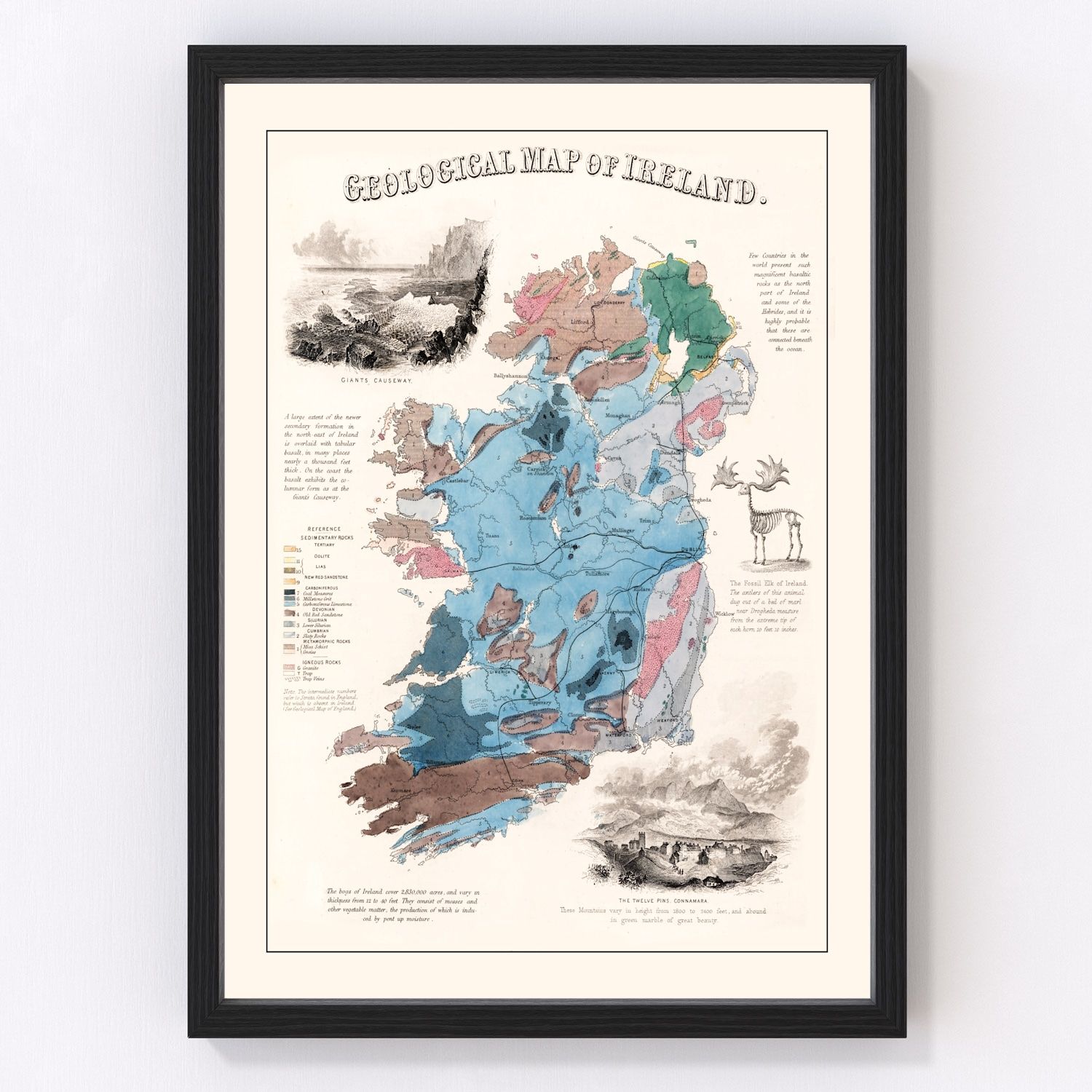 Vintage geological map of Ireland showing rock formations, 1850