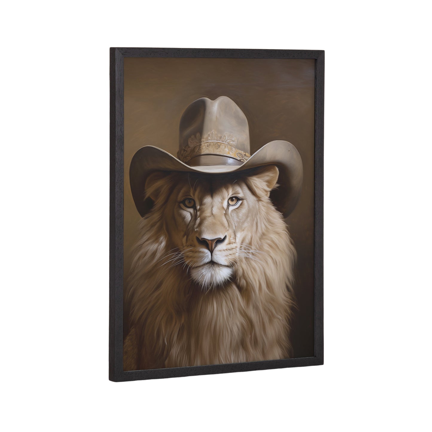 Lion Wearing a Western Cowboy Hat Framed Wall Art Print