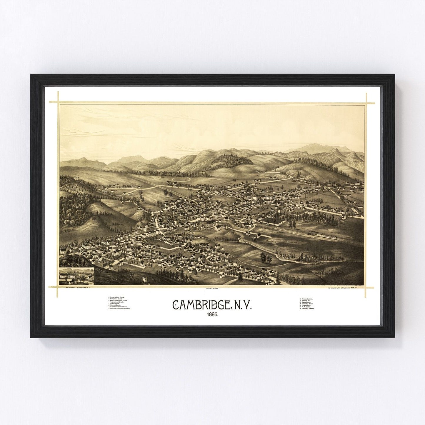 Vintage map of Cambridge, Washington County, New York, 1886, restored print