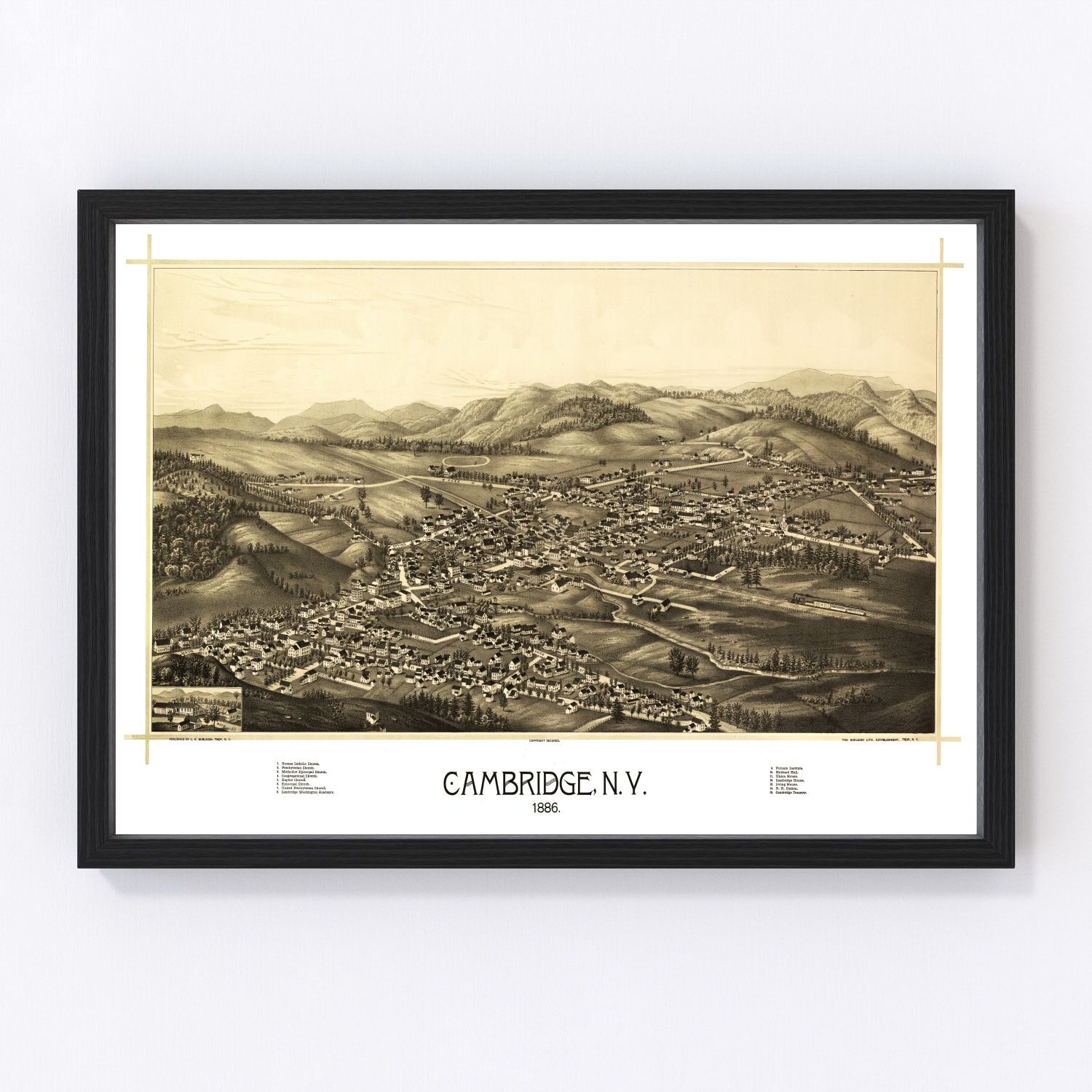 Vintage map of Cambridge, Washington County, New York, 1886, restored print