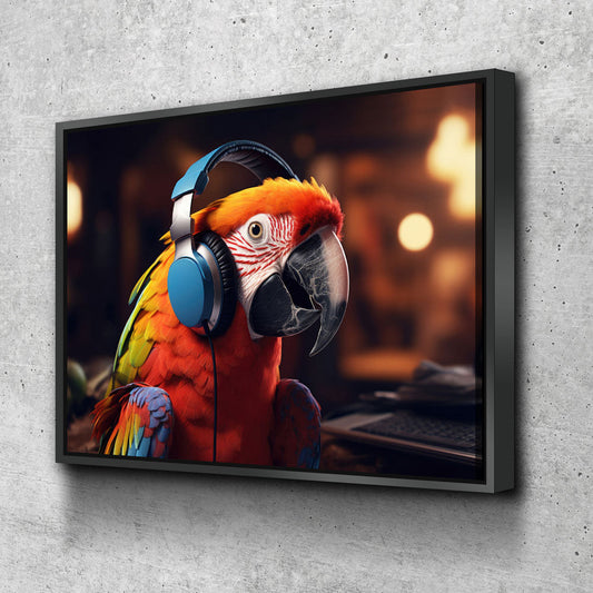 Party Parrot DJ canvas wall art in a colorful home bar