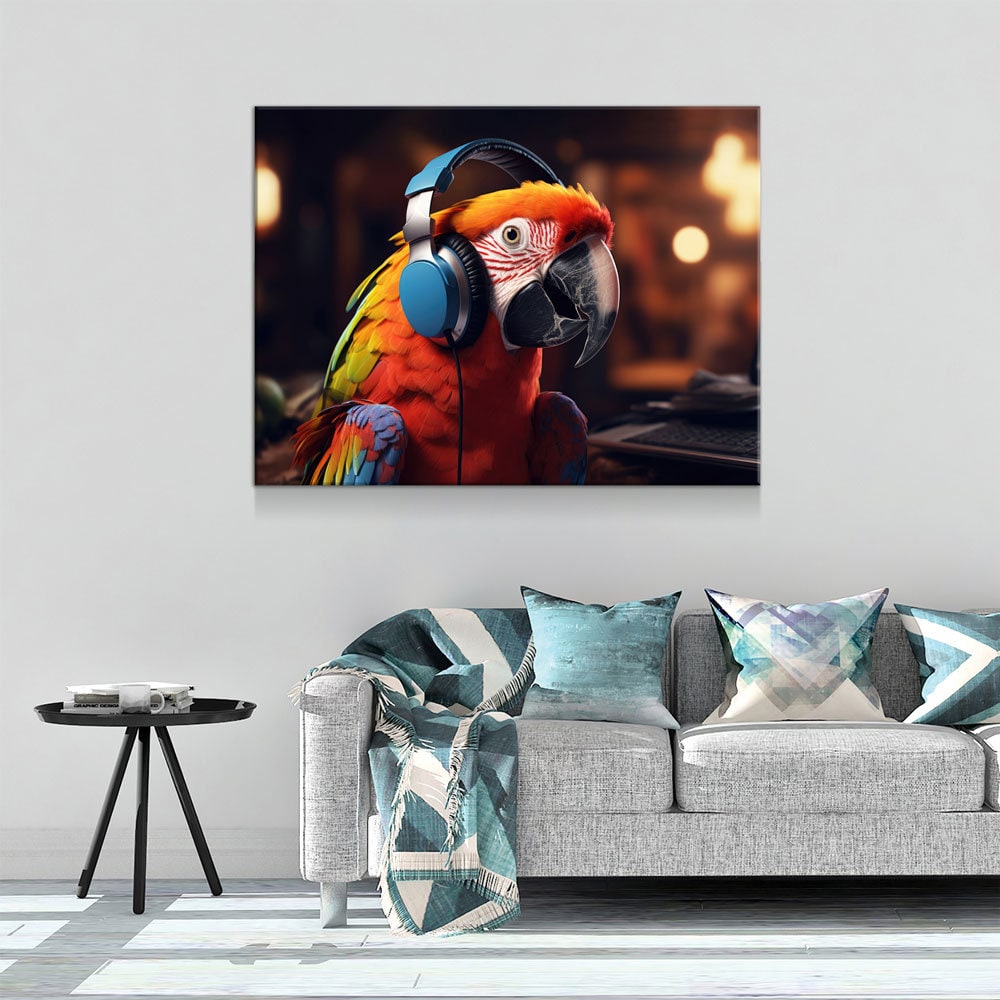 Party Parrot DJ Canvas Wall Art, Funny Bird Decor