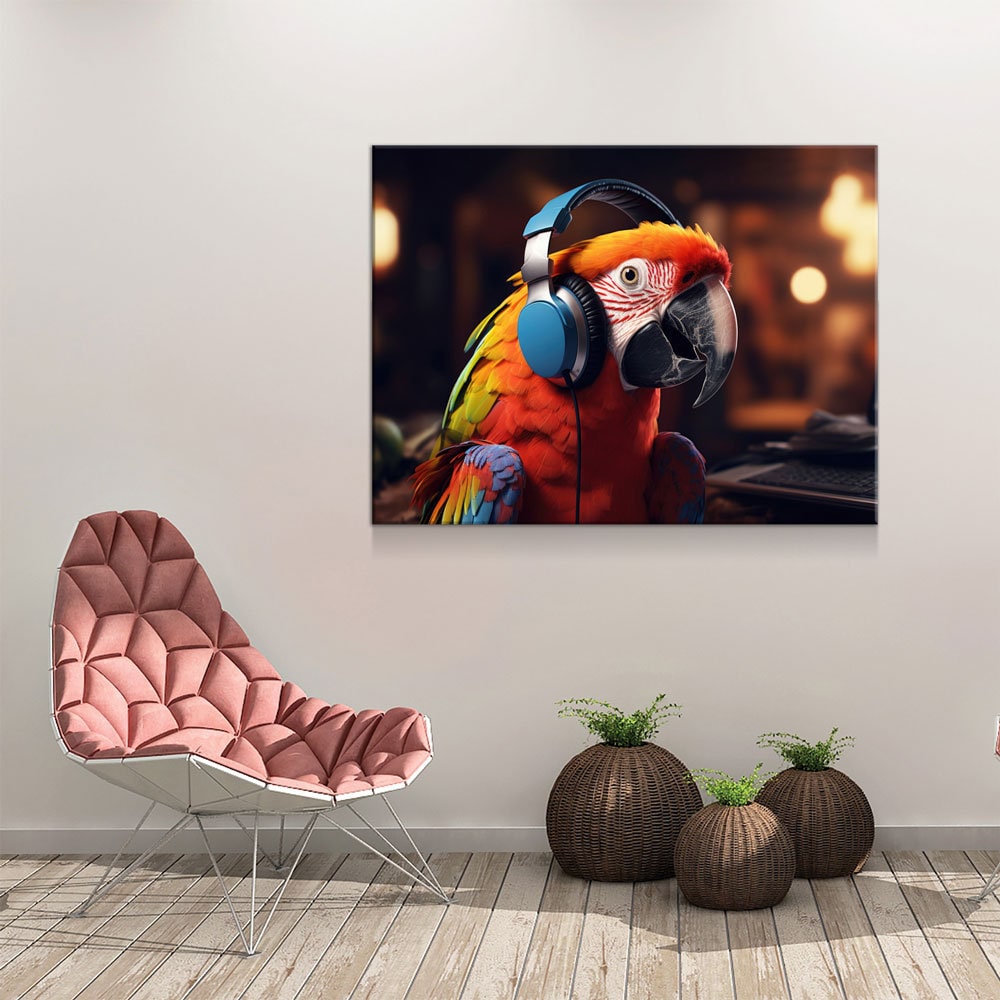 Party Parrot DJ Canvas Wall Art, Funny Bird Decor
