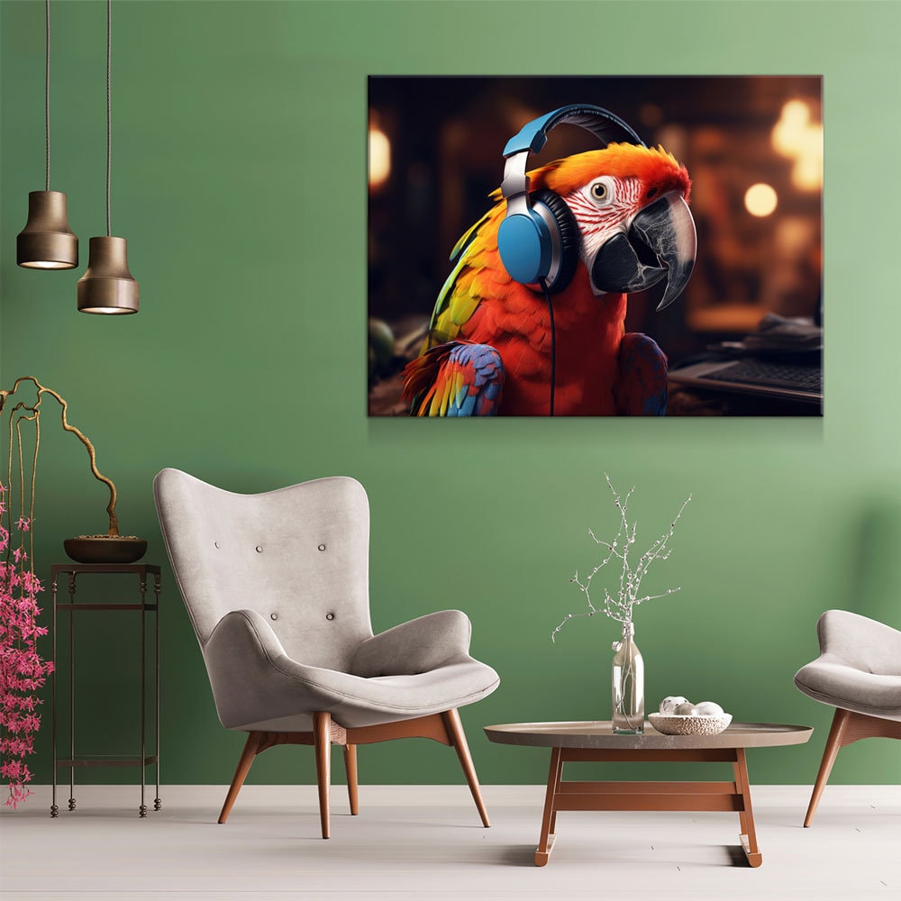 Party Parrot DJ Canvas Wall Art, Funny Bird Decor