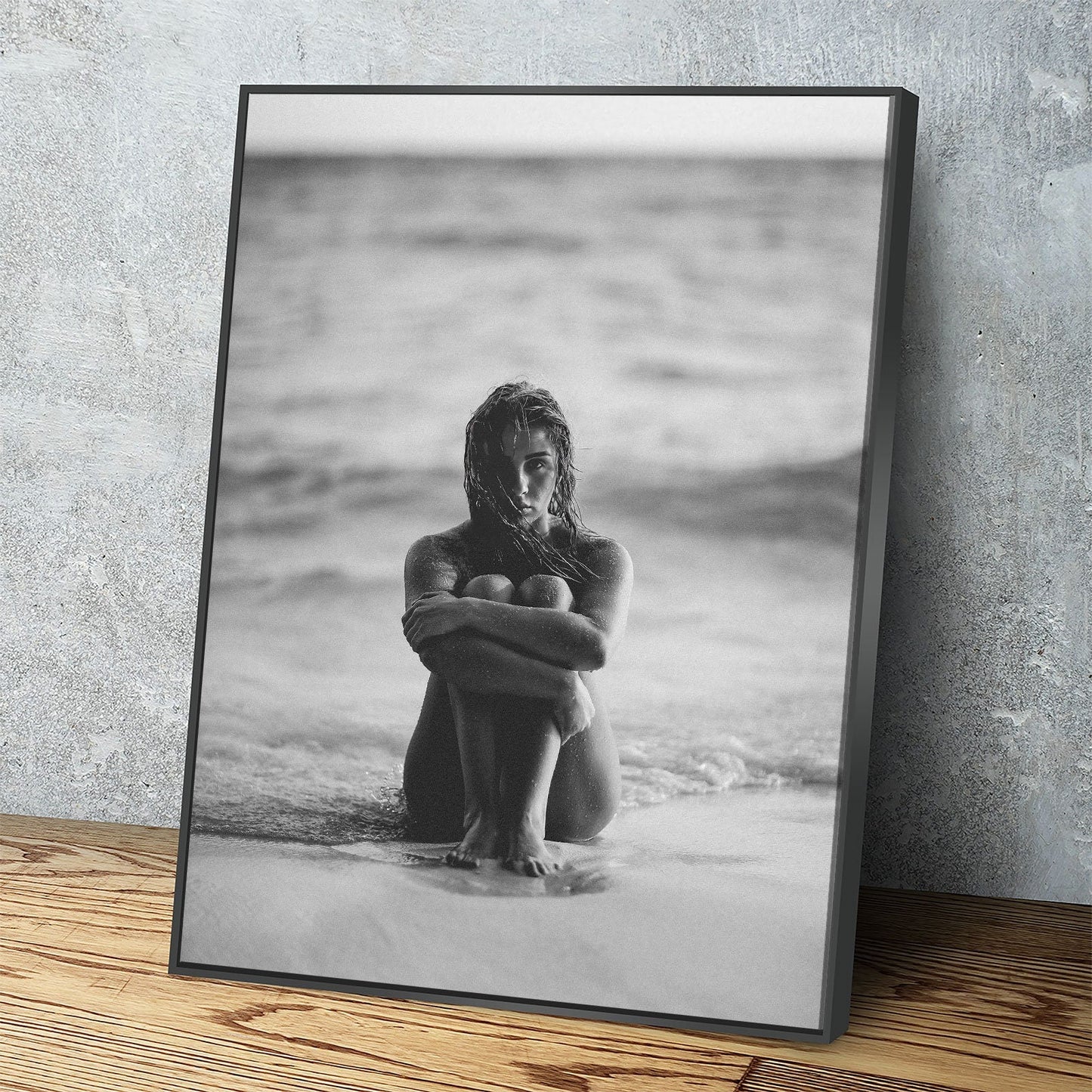 Woman On The Seashore black and white coastal canvas art