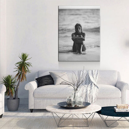 Woman On The Seashore Canvas Wall Art, Black And White Print