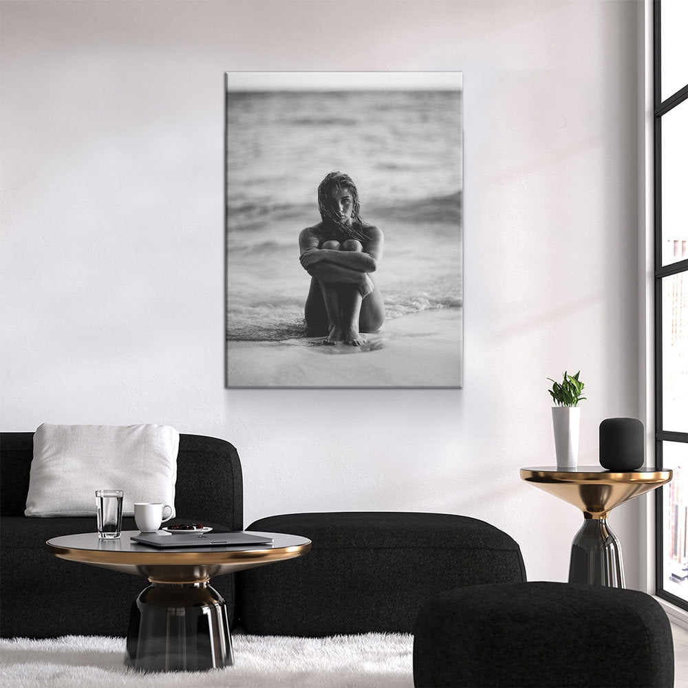 Woman On The Seashore Canvas Wall Art, Black And White Print