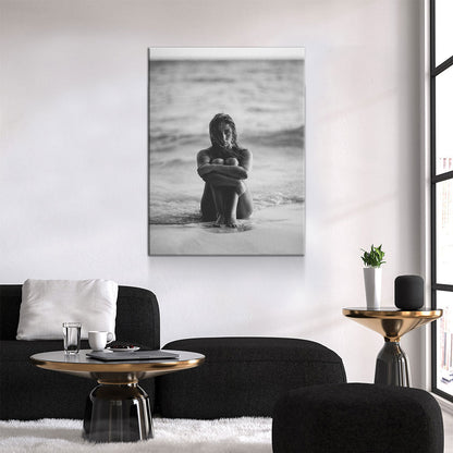 Woman On The Seashore Canvas Wall Art, Black And White Print
