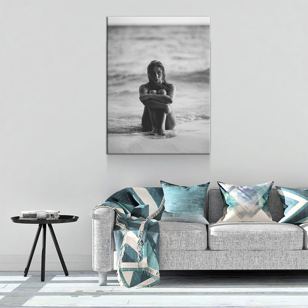 Woman On The Seashore Canvas Wall Art, Black And White Print