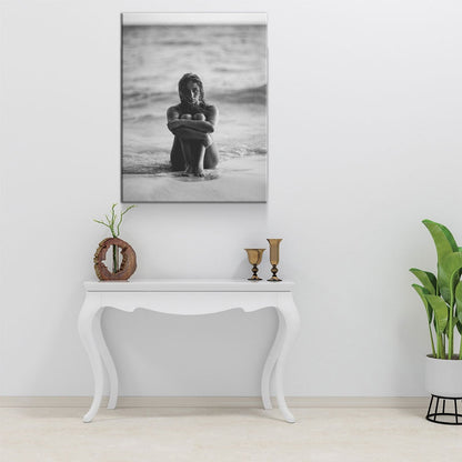 Woman On The Seashore Canvas Wall Art, Black And White Print