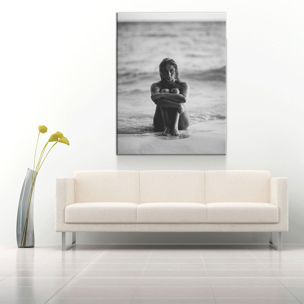 Woman On The Seashore Canvas Wall Art, Black And White Print