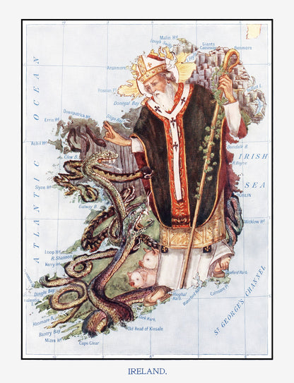 Vintage Ireland Map of St. Patrick and Reptiles, 1912