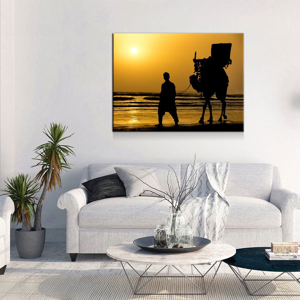 Karachi Camel Ride Canvas Wall Art, Pakistan Beach Print