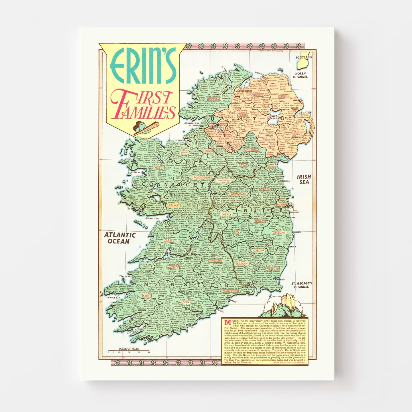 Vintage Erin's First Families Map of Ireland, 1946