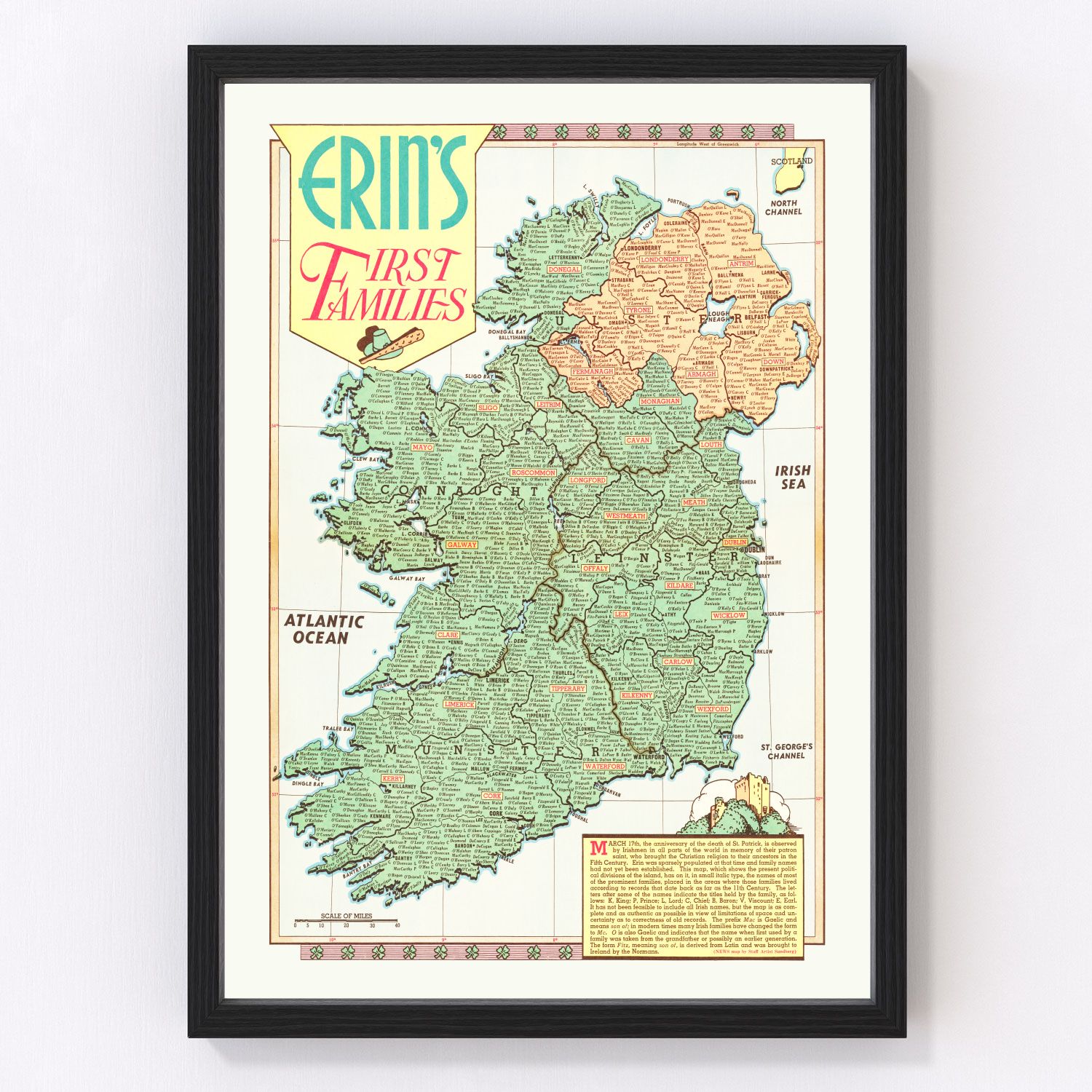 Vintage map of Erin's first families clan territories of Ireland, 1946