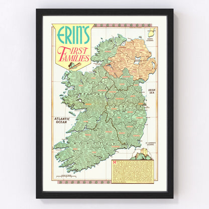 Vintage map of Erin's first families clan territories of Ireland, 1946