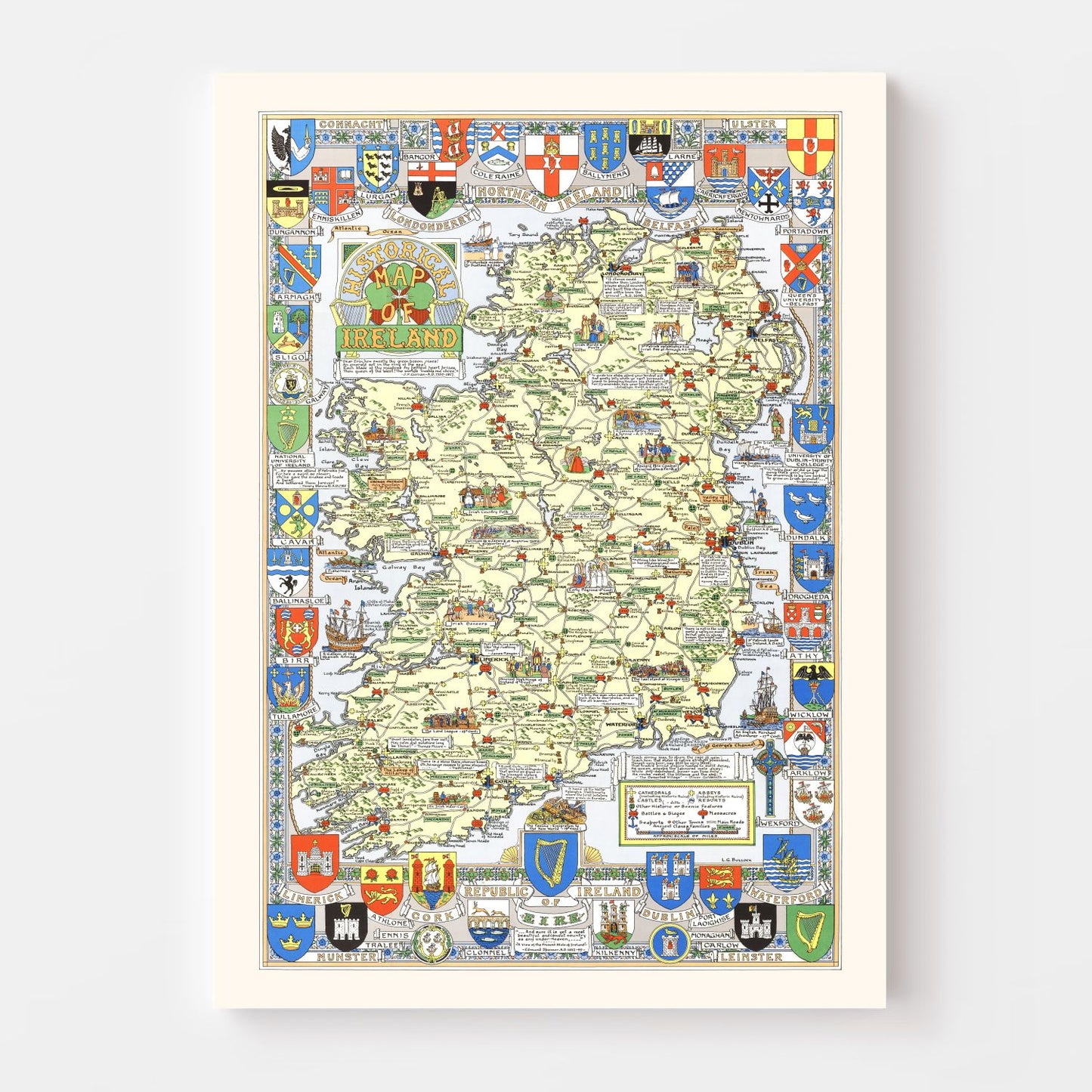 Vintage Historical Map of Ireland, 1955