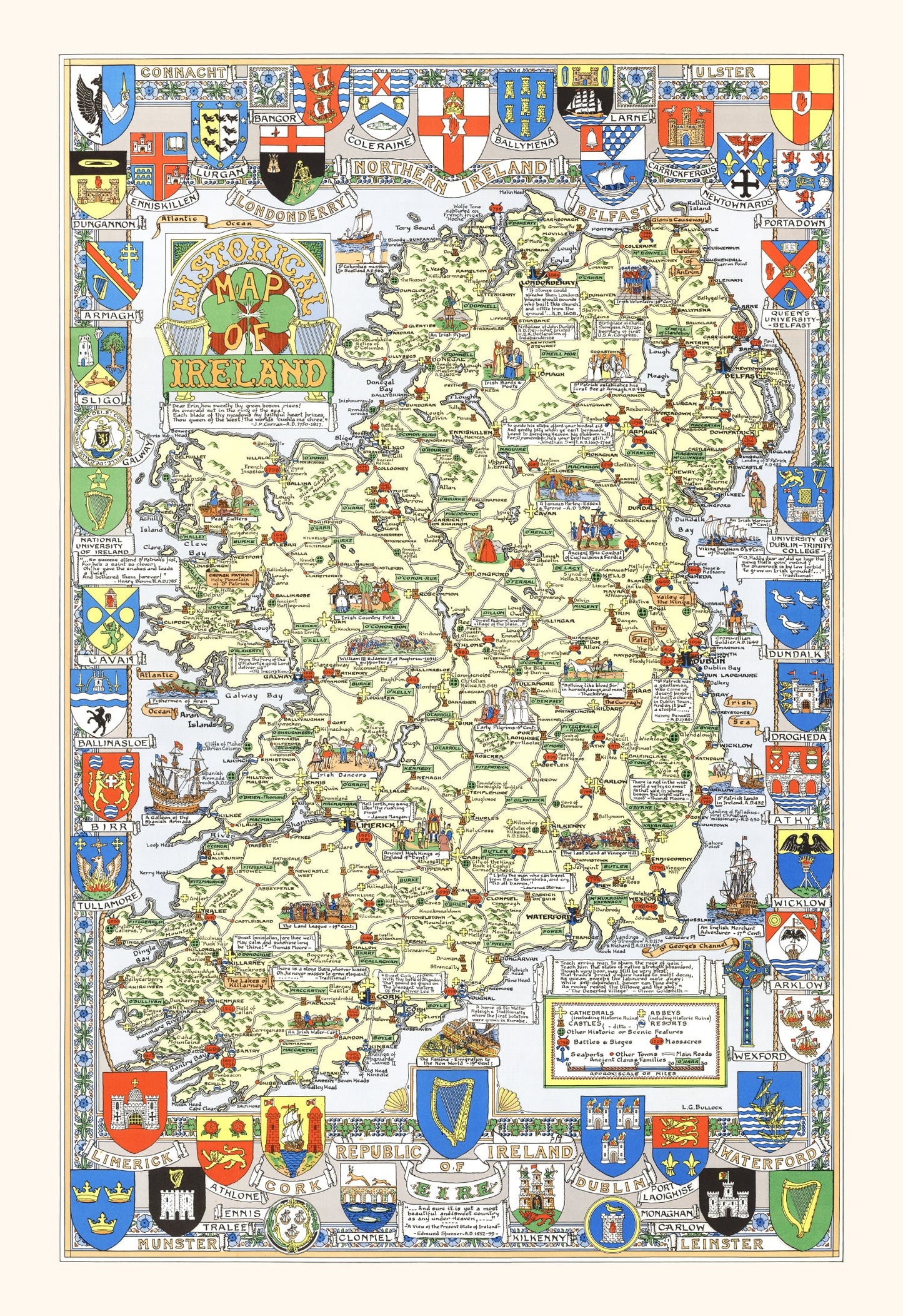 Vintage Historical Map of Ireland, 1955