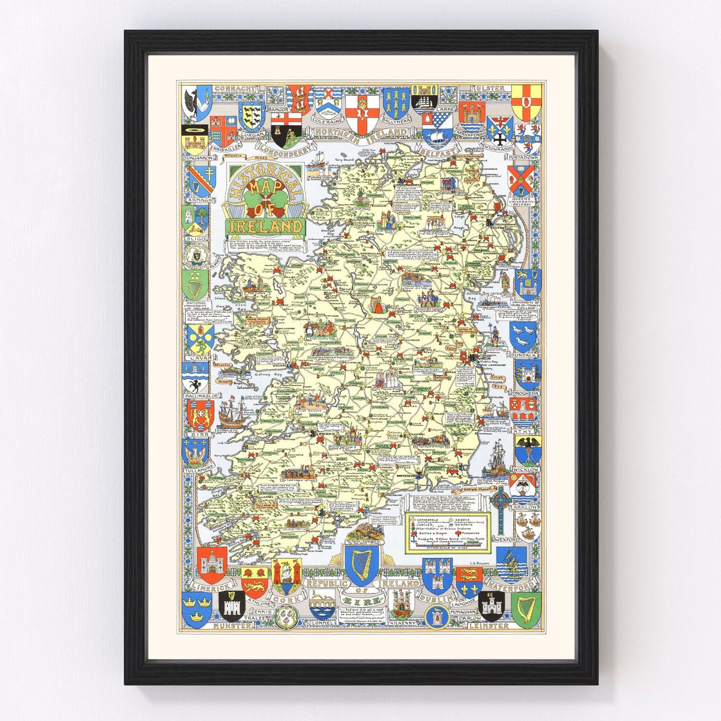 Vintage historical map of Ireland provinces and counties, 1955