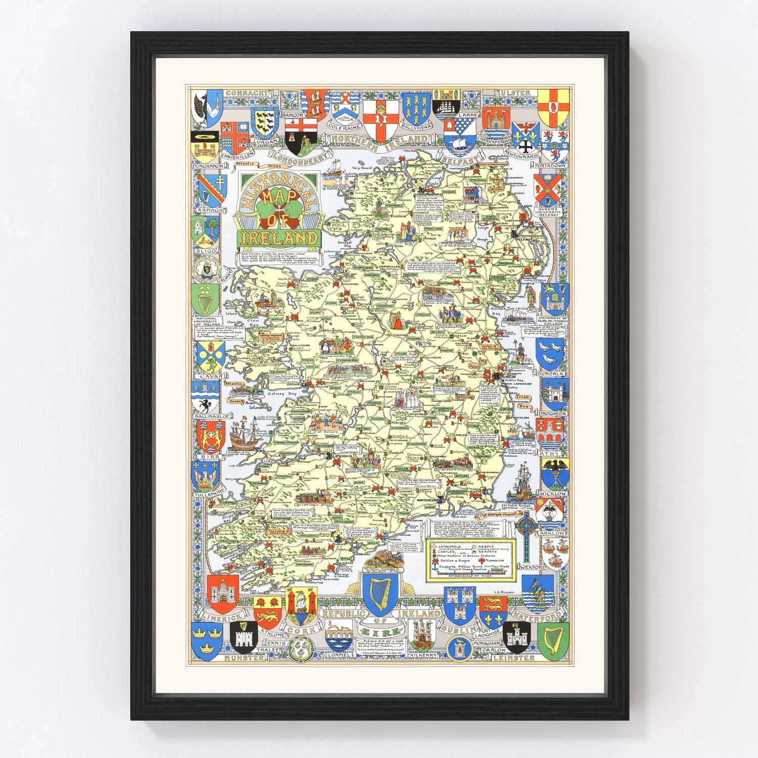 Vintage historical map of Ireland provinces and counties, 1955
