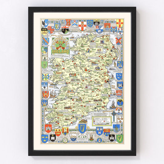 Vintage historical map of Ireland provinces and counties, 1955