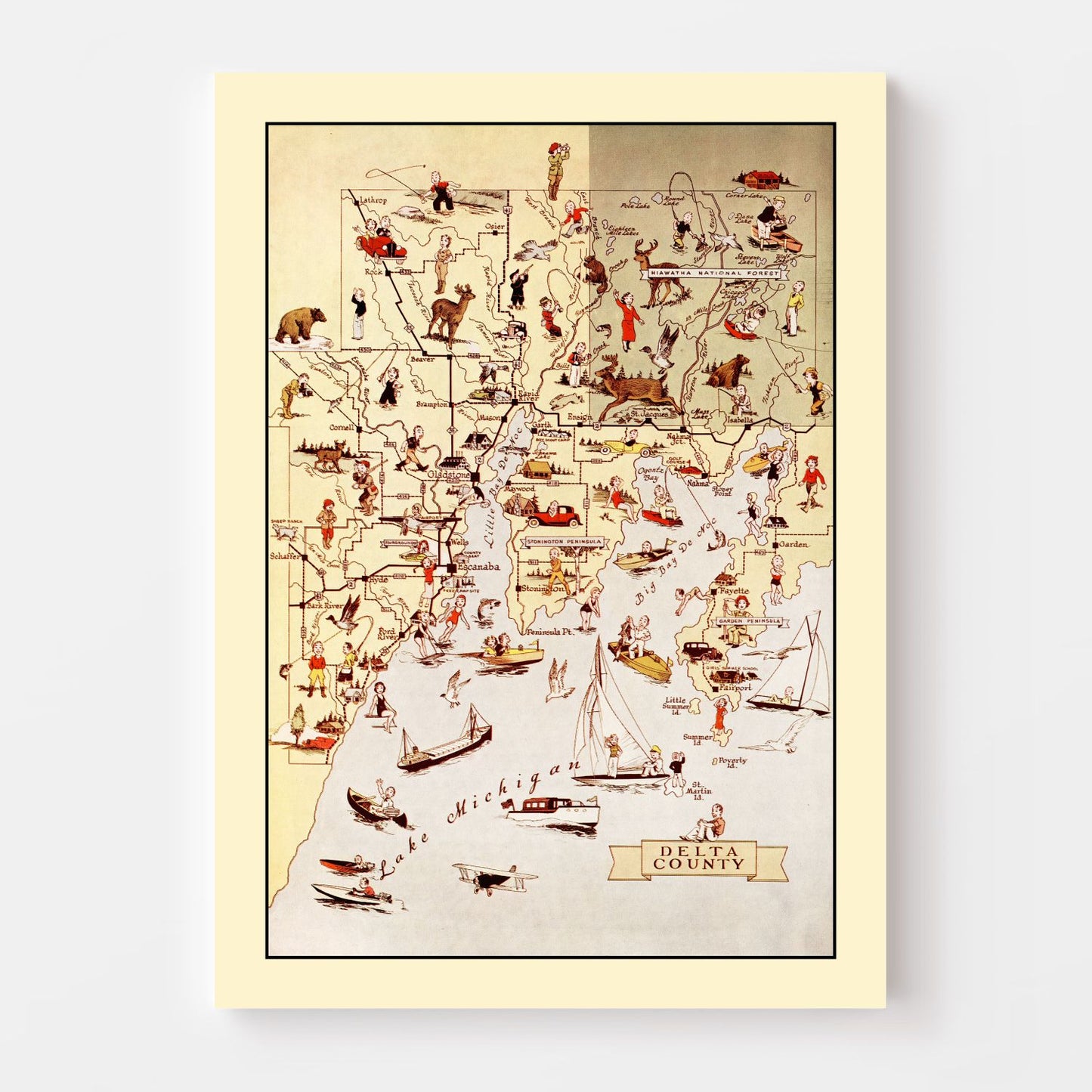 Vintage Map of Delta County, Michigan, 1936