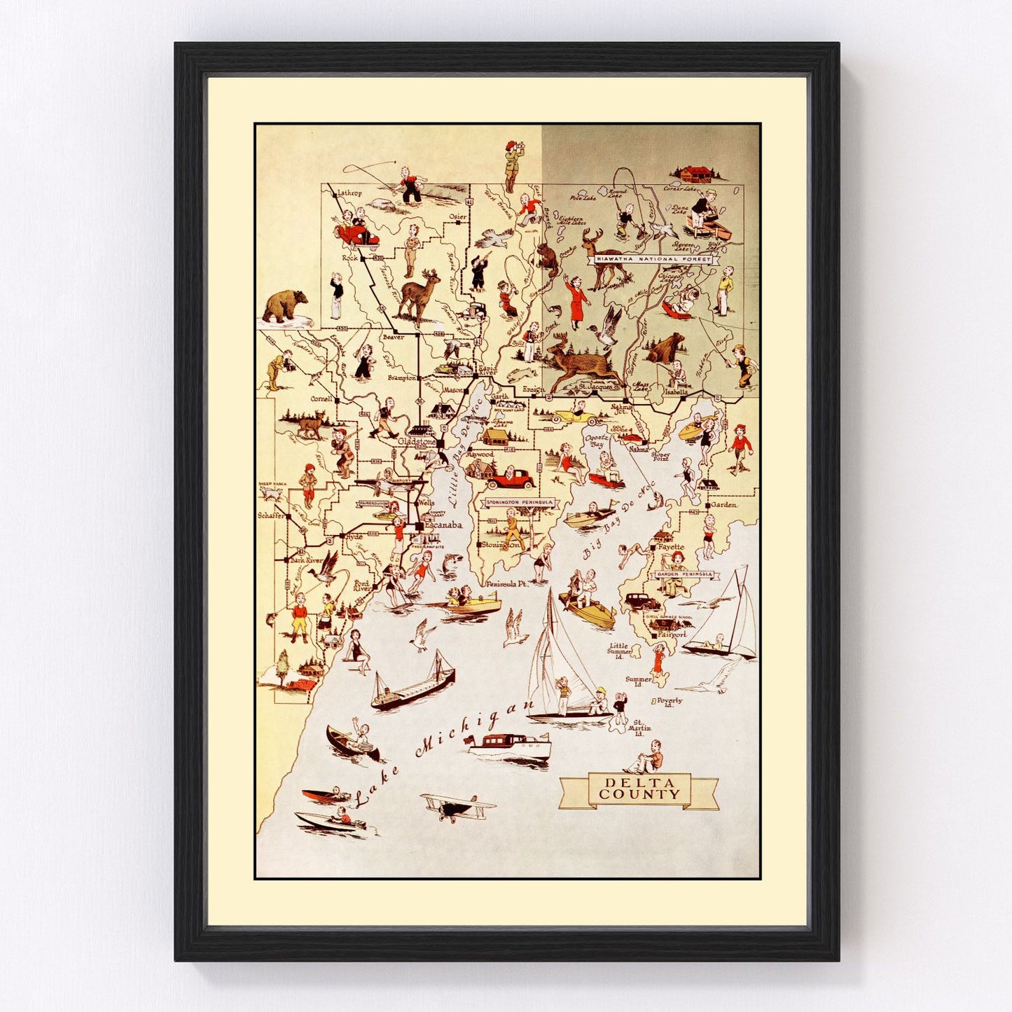 vintage map of Delta County, Michigan, 1936