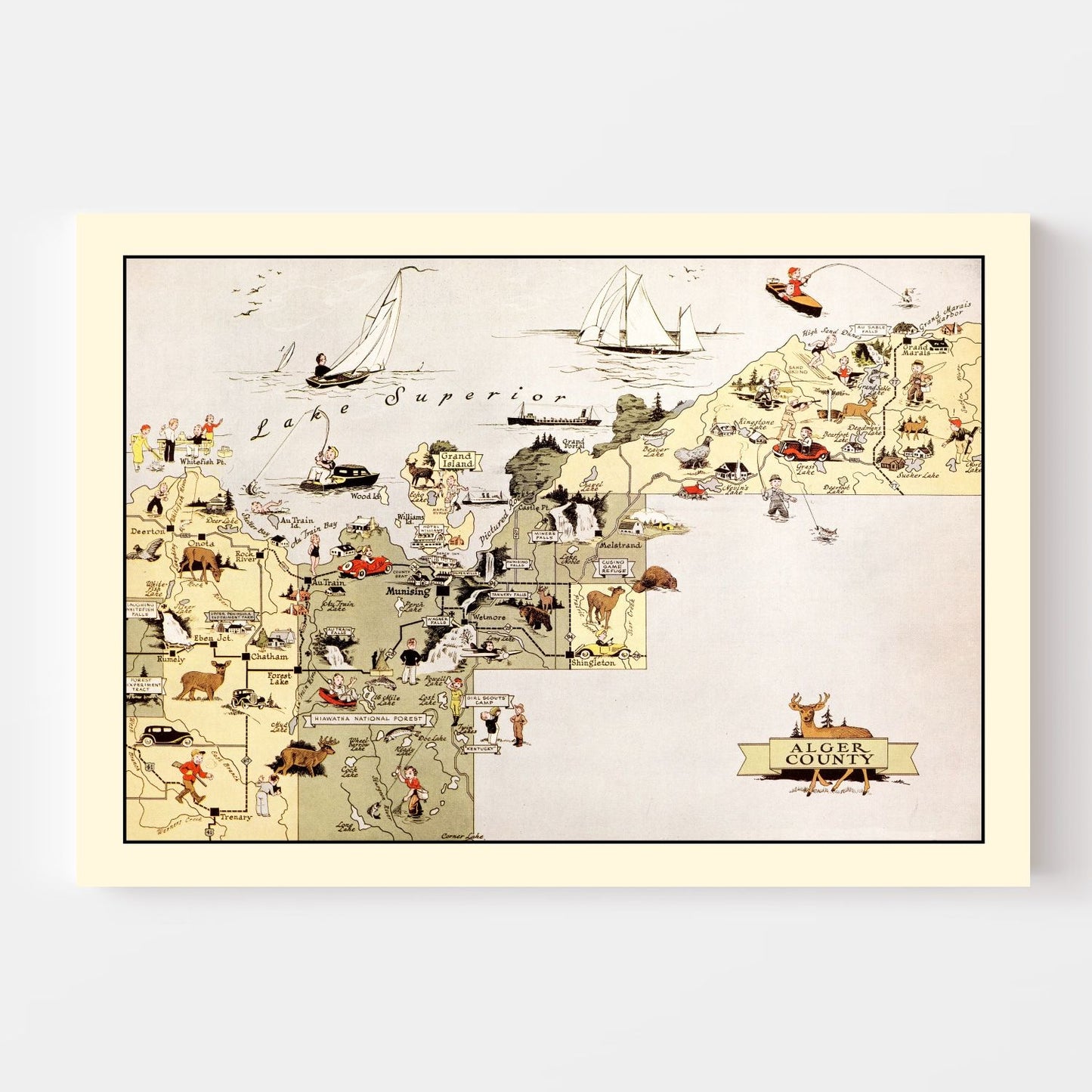 Vintage Map of Alger County, Michigan, 1936