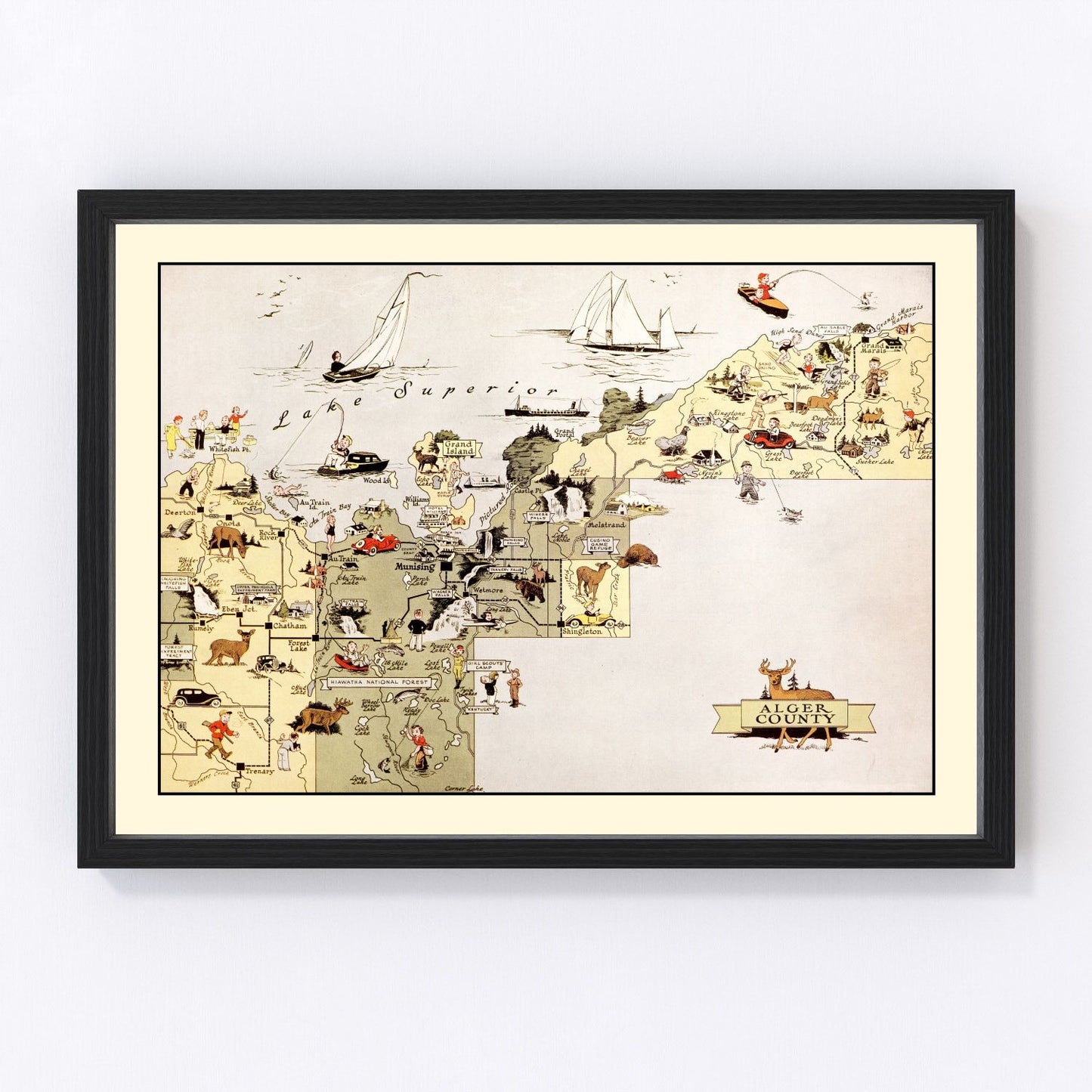 Vintage map of Alger County, Michigan, 1936 - restored print