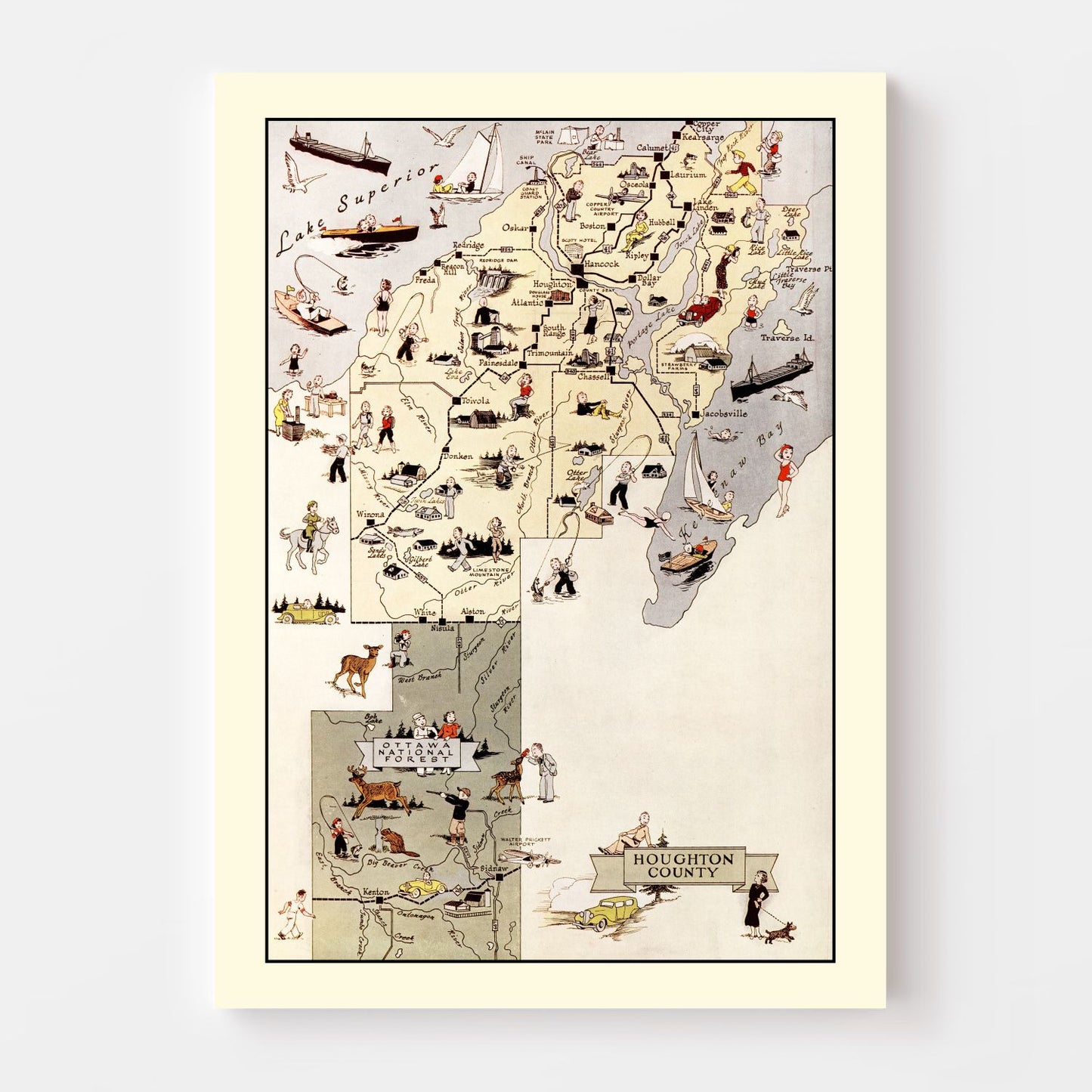 Vintage Map of Houghton County, Michigan, 1936