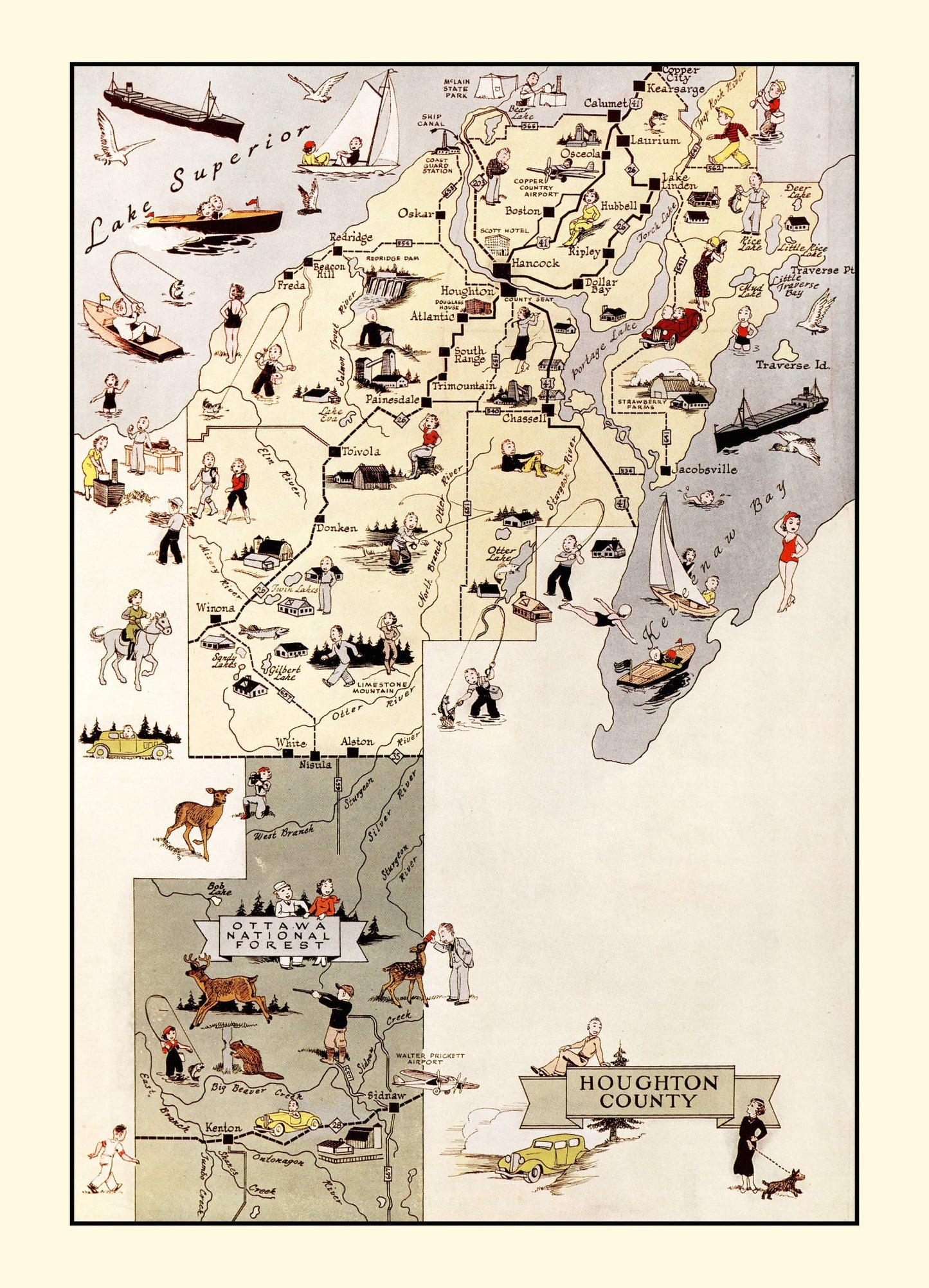 Vintage Map of Houghton County, Michigan, 1936